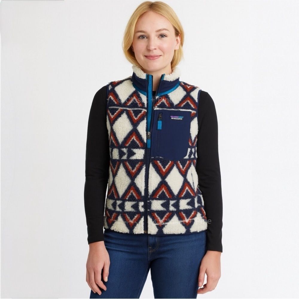 Patagonia Classic Retro-X Fleece Vest Women’s MED Brass Hawk Smolder Blue Sherpa